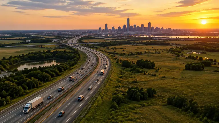 Interstate highway crossing open country toward a city skyline at sunset in the United States