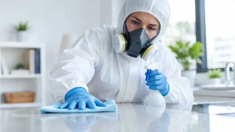 Biohazard cleanup technician in a protective suit and respirator disinfecting a countertop