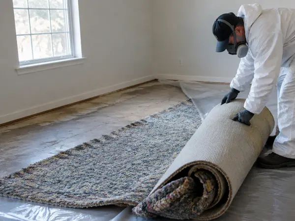 Technician in protective gear rolling up carpet and padding over plastic sheeting