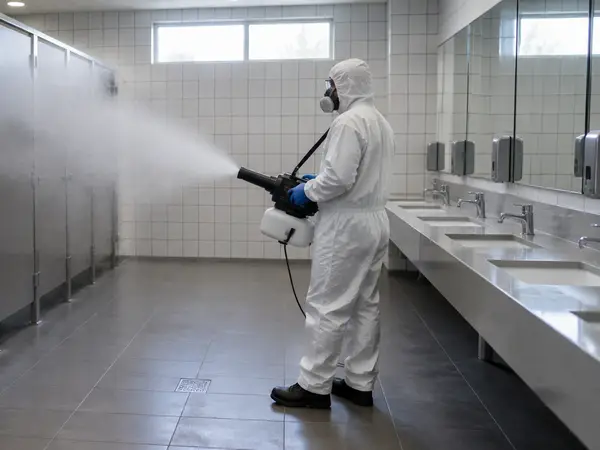 Technician fogging a tiled public restroom with disinfectant mist
