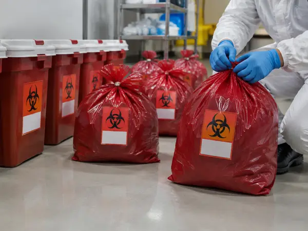 Gloved technician sealing red biohazard bags next to rigid waste containers