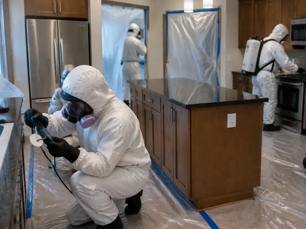 Technicians in hazmat suits decontaminating a kitchen inside plastic containment with an air scrubber running
