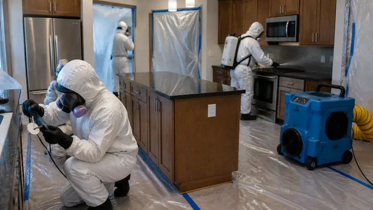 Technicians in hazmat suits decontaminating a kitchen inside plastic containment with an air scrubber running