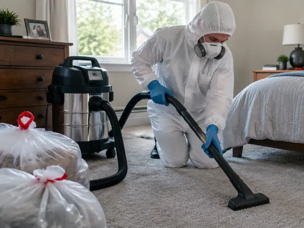 Technician in protective gear using a HEPA vacuum to clean a carpeted family bedroom with sealed waste bags nearby